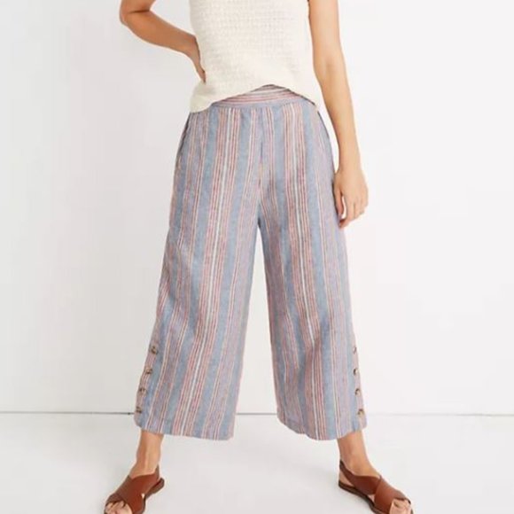 Madewell Pants - Madewell Blue Side-Button Huston Pull-On Crop Pants in Rainbow Stripe Size Small